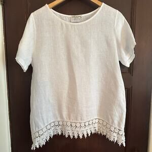 TERZO MILLENNIO | White Linen Short Sleeve Blouse with Lace Edge | Size Medium